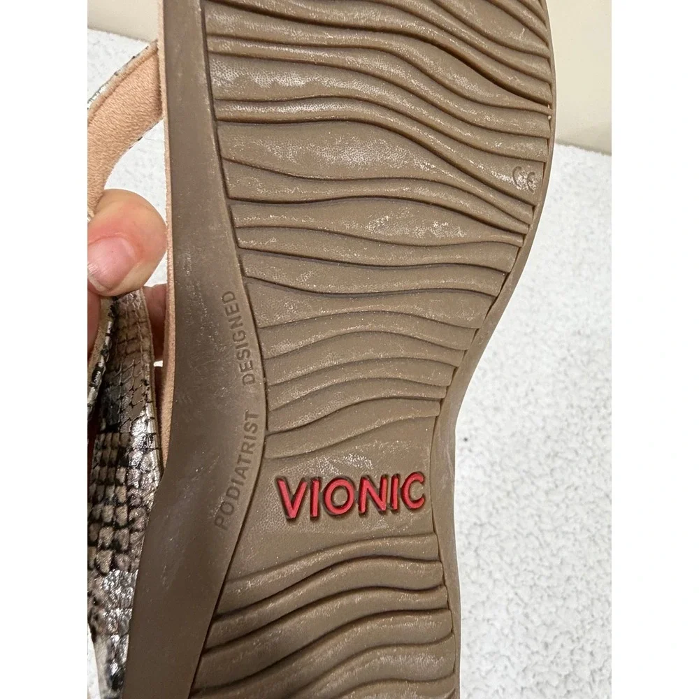 Vionic Dillon Womens 12 Tan Snakeskin Thong Sandals Arch Support Comfort Boho